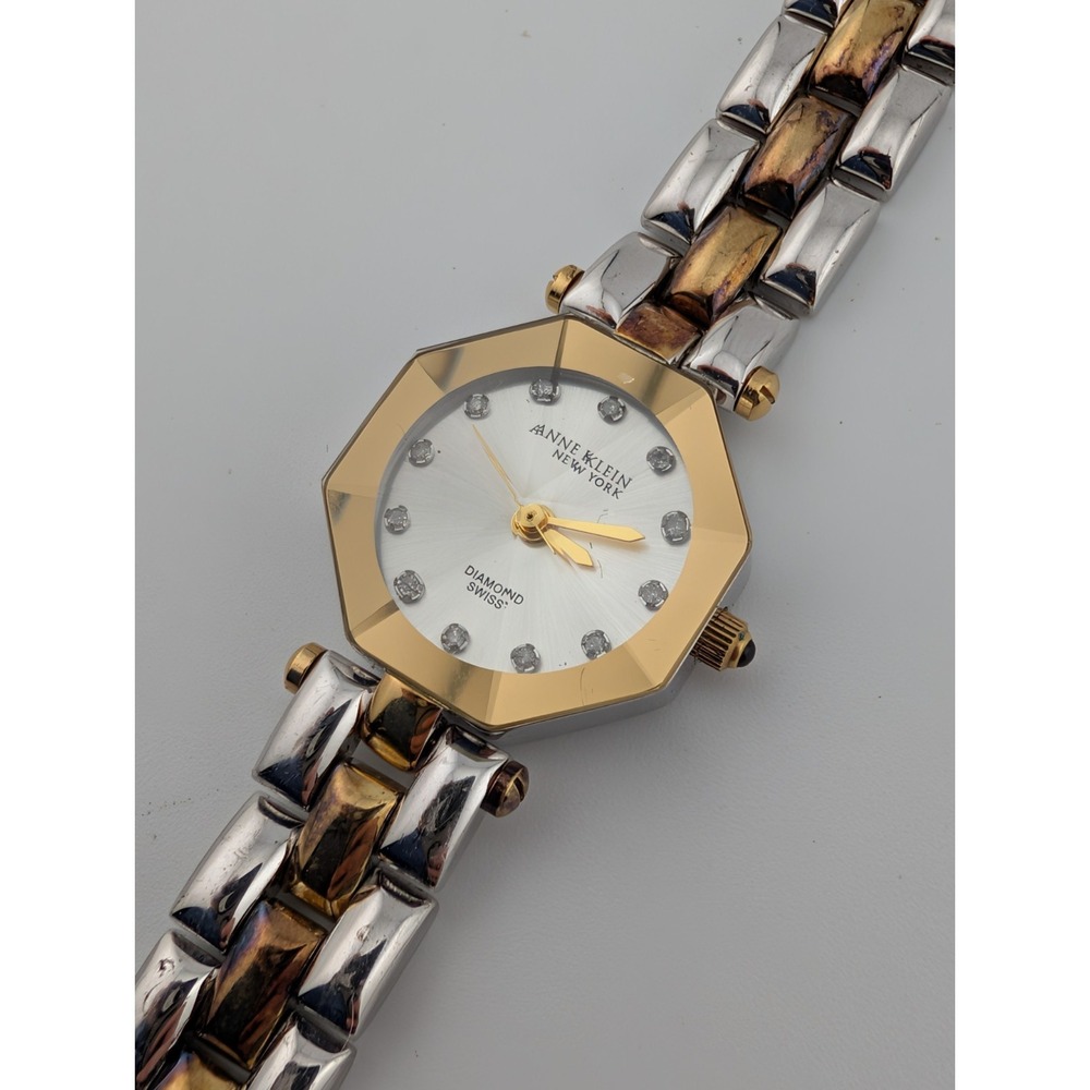 Anne Klein Swiss Diamond Accent Watch Women 22mm Two Tone 6" Band- New Battery‎